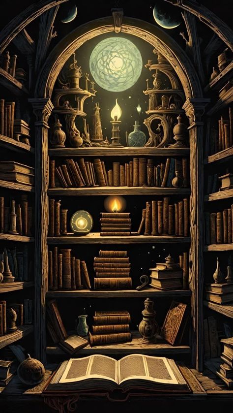 Spooky Library Aesthetic, Wizard Bookshelf, Bookshelf Mural, Wizard Lair, Witch Bookshelf, Witches Library, Wizard Library, Spooky Library, Library Wallpaper