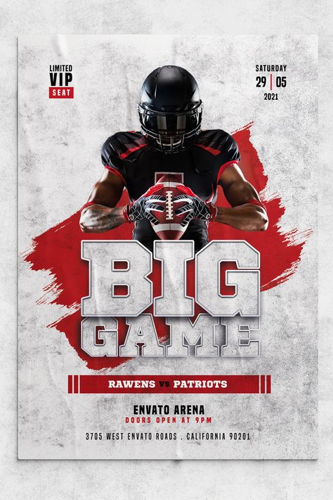 Game Day Flyer, Football Flyer Design, Football Promotion Poster, Football Competition Flyer Design, Football Magazine, American Football Poster, Football Match Poster Design Template, American Football Poster Design, Sports Marketing Design