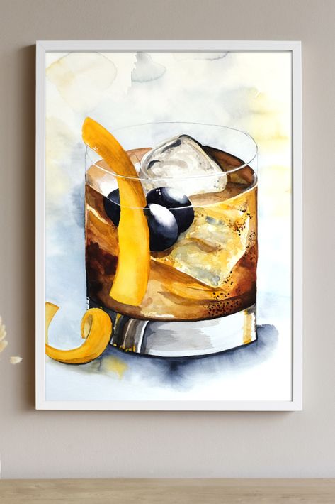 Whiskey Painting Acrylic, Watercolor Old Fashioned, Bourbon Bottle Painting, Bourbon Painting, Cocktail Artwork, Bottle Paintings, Bar Painting, Bourbon Old Fashioned, Bar Nook