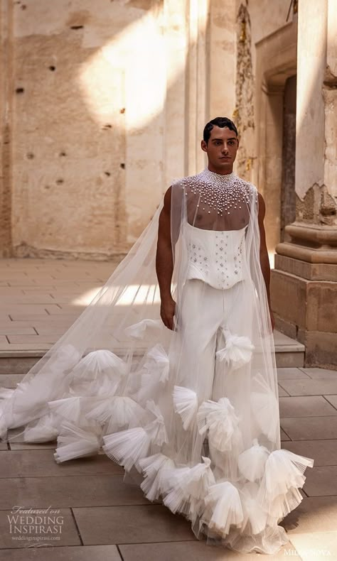 Milla Nova 2024 Couture Wedding Dresses — “Atelier” Bridal Collection | Wedding Inspirasi Gender Neutral Wedding Attire, Masc Wedding Dress, Gender Neutral Wedding Guest Outfit, Androgynous Wedding Outfit, Gender Neutral Wedding Outfit, Androgynous Wedding Attire, Male Couture, Mascarade Wedding, Gender Neutral Wedding