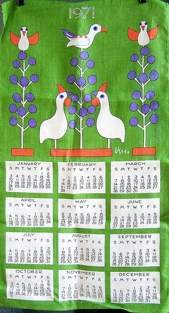 Tea Towel Calendar, Fabric Calendar, Folk Art Birds, Calendar Illustration, Season Calendar, 1970s Childhood, Vintage Calendar, Punk Poster, Vintage Illustration Art