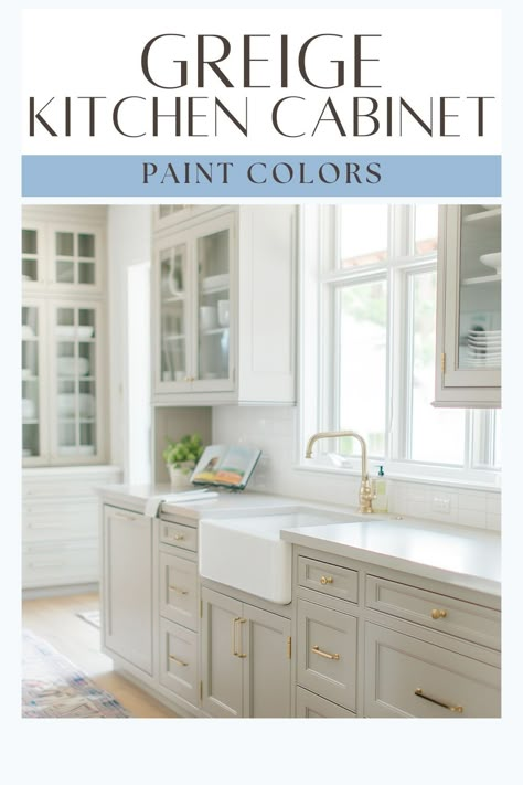 Here's 15 of the most popular greige kitchen cabinet colors to help inspire your kitchen remodel! Best Neutral Cabinet Paint Color, Grieve Kitchen Cabinets, Putty Colored Kitchen Cabinets, Resurface Cabinets, Best Greige Paint Color, Greige Kitchen Cabinets, Kitchen 2025, Dark Kitchens, Neutral Cabinets