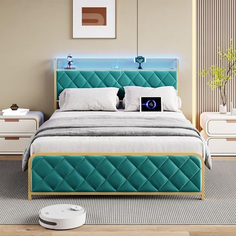 Light Bed Frame, Led Light Bed, Light Headboard, Platform Bed Frame With Storage, Bed Frame With Storage Headboard, Bad Room Design, Light Bed, Velvet Bed Frame, Double Bed With Storage