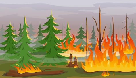 Wild Fire Drawing, Wildfire Illustration, Forest Fire Illustration, Forest Fire Drawing, Pencemaran Udara, Cartoon Forest, Forest Cartoon, Wild Landscape, Fire Animation