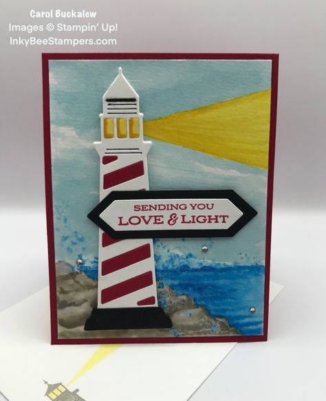 Stampin’ Up! Lighthouse Point Friendship Card – Another Watercolor Background for you to Try – Inky Bee Stampers Stampin Up Lighthouse Point, Stampin Up Lighthouse, Lighthouses In Maine, Seaside Cards, Good Wednesday, Lighthouse Point, Nautical Cards, Beach Cards, Masculine Birthday Cards