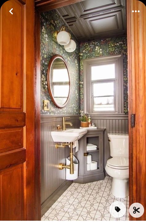 Stick Wallpaper Ideas, Powder Room Renovation, Cottage Bathroom, One Room Challenge, Downstairs Bathroom, Challenge Week, Half Bathroom, Room Challenge, Upstairs Bathrooms