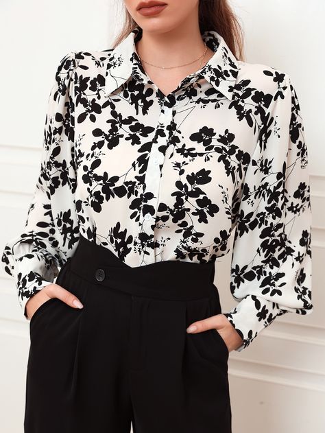 Floral Shirt Outfit, Black Floral Shirt, Ladies Chiffon Shirts, Fancy Shirt, Chiffon Shirt Blouse, Women Floral Blouse, Chiffon Floral, Floral Print Shirt, Black And White Blouse