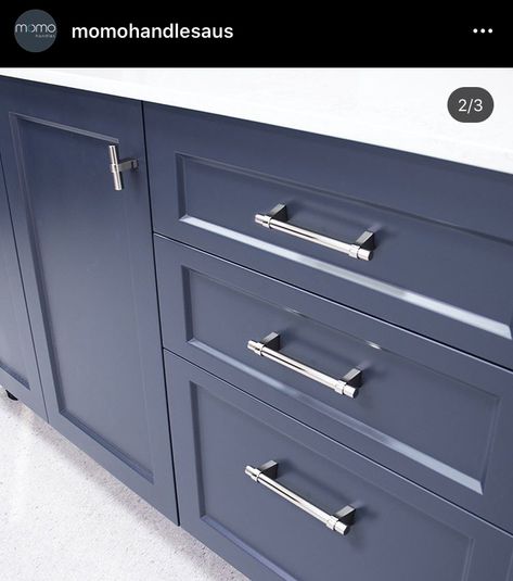 Mono Handles Australia silver handles kitchen Navy Kitchen Silver Handles, Navy Kitchen Cabinets Silver Hardware, Brushed Nickel Kitchen Hardware, Navy Kitchen Cabinets, Dark Blue Kitchens, Double Storey House Plans, Brushed Nickel Kitchen, Navy Kitchen, Door Handles Modern