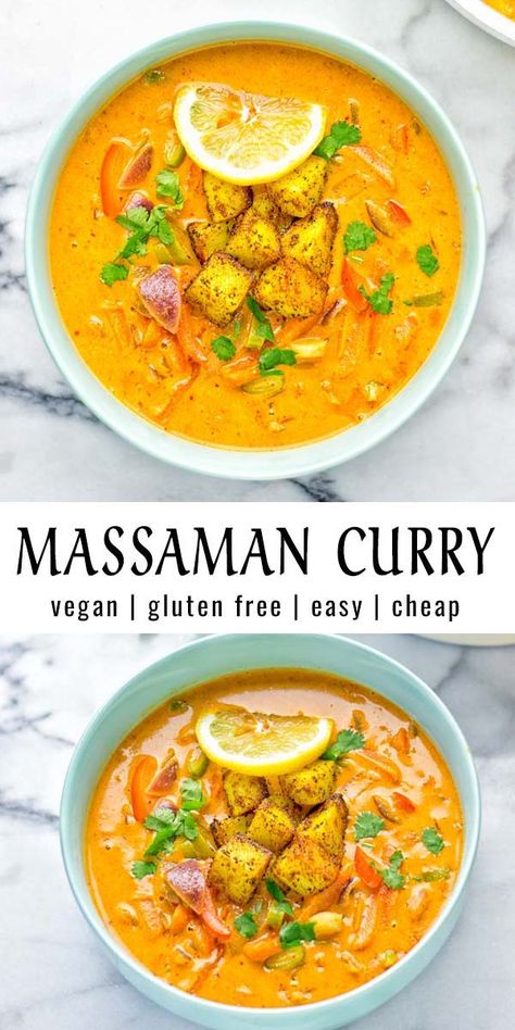 Best Massaman Curry Recipe, Veggie Massaman Curry, Potato Massaman Curry, Vegan Gluten Free Curry, Vegan Indian Soup Recipes, Gf Indian Food, Gf Curry Recipe, Massaman Curry Vegan, Vegetarian Recipes Budget