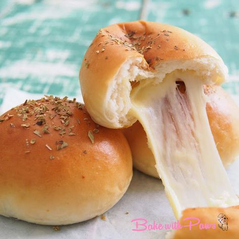 Stuffed Cheese Buns - BAKE WITH PAWS Cheese Stuffed Buns, Stuffed Buns Recipe, Savoury Buns, Cheese Buns Recipe, Tangzhong Bread, Japanese Picnic, Bread Character, Cafe Items, Asian Baking