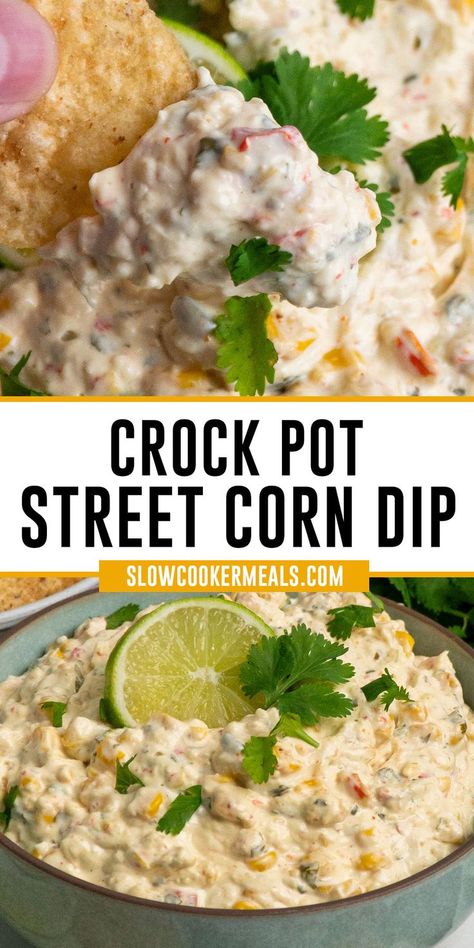 A chip holding a bite of crock pot street corn dip. Street Corn Dip Crock Pot, Crock Pot Street Corn, Toasted Baguette Slices, Dip Recipes Crockpot, Street Corn Dip, Fall Crockpot, Chip Dip Recipes, Baguette Slices, Corn Dip Recipes