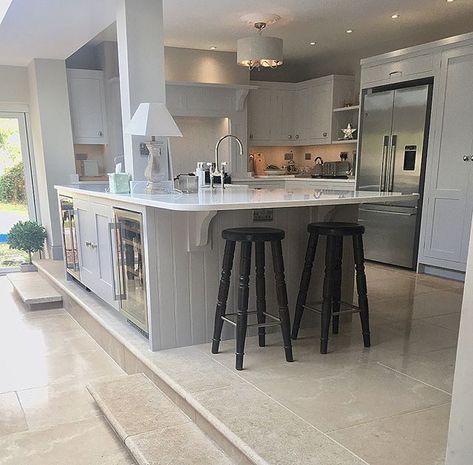 This kitchen belongs to Danni over @hales_house_home.interiors • The Kitchen units are from Harvey Jones. The island is pebble grey & the rest of the units are lead white from the dulux heritage range.  Work surface / upstands / cooker back splash were from a local company called Hatherley Worktops (Cheltenham) I can’t remember the exact make but it’s a quartz copy of Italian carrera marble.  Floor tiles were from Beswick Stone In Cirencester • Danni’s top tips - Take as much time as you can whe Dulux Grey Pebble, Dulux Grey, Hale House, Marble Floor Tiles, Victorian Renovation, House Paint Interior, Dulux Heritage, Carrera Marble, Extension Ideas