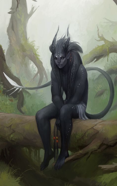 Zee by Alexandra Melnikova Forest Demon Art, Humanoid Fantasy Creatures, Fey Touched Dnd, Demon Tails Ideas, Fey Touched Tiefling, Dark Forest Creatures, Forest Tiefling, Grey Skin Character, Demon Tail Drawing