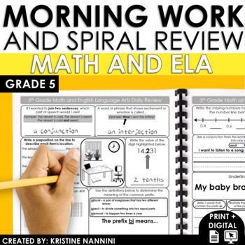 Morning work for 5th Grade - Daily math and ELA spiral review - Standard aligned - Great for quizzes, homework, foundational skills, adding academic rigor, test prep, and more. Print and go! No prep! 36 full weeks of instruction for your fifth graders. 180 pages with vocabulary, fact check questions, examples, hints, games, riddles, reading comprehension, digital options, comic strips, and more fun activities. (Year 5) 5th Grade Morning Work, Math Spiral Review, Spiral Math, Spiral Review, Daily Math, 5th Grade Classroom, Bell Ringers, Reading Literature, Foundational Skills