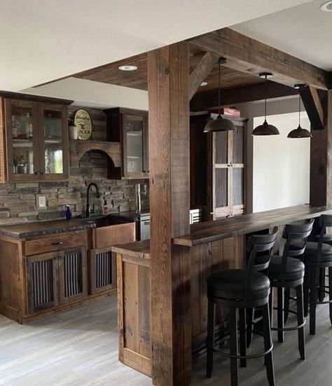 Cabinetry - Reclaim Renew Half Wall With Bar Top, Rustic Kitchen Bar Ideas, Rustic Bar Room Ideas, Barnwood Basement Ideas, Basement Bar Around Support Beam, Kitchen That Looks Like A Bar, Rustic Home Bar Designs, Wood Bar Makeover, Bar With Post