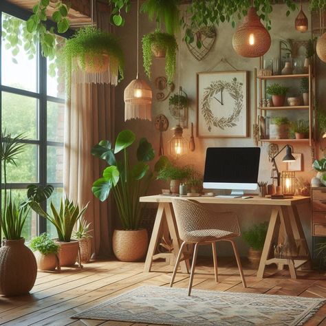 Chic Office Ideas, Home Office With Plants, Boho Workspace, Boho Office Room, Jungle Office, Boho Chic Office, Boho Office Decor, Lego Office, Bohemian Home Office