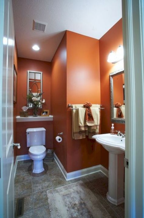 Orange Bathroom Paint Color Ideas — Freshouz Home & Architecture Decor Orange Bathroom Paint, Mission Style Bathroom, Orange Bathrooms Designs, Orange Bathroom Decor, Colorful Bathroom Tile, Craftsman Bathroom, Color Terracota, Orange Bathroom, Orange Bathrooms