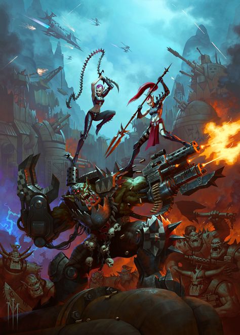 ArtStation - Dark Eldar Wyches vs Ork Nob, Viktor Mukhin Orcs Warhammer, Ork Nobz, Warhammer 40k Eldar, Warhammer 40k Dark Eldar, Aeldari 40k, Ork 40k, Ork Warboss, Warhammer Orks, Eldar 40k