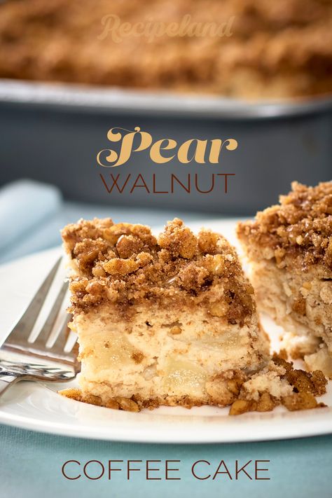 Learn how to make a pear walnut coffee cake. This heavenly delight combines pears' sweet, tender juiciness with the delightful crunch of walnuts, all wrapped in a moist, rich cake with hints of cinnamon and nutmeg. It perfectly accompanies your morning coffee or a lovely afternoon indulgence. Pear And Walnut Cake, Pear Coffee Cake Recipe, Pear Coffee Cake, Walnut Coffee Cake, Coffee List, Canned Pears, Almond Crunch, Rich Cake, Pear Cake