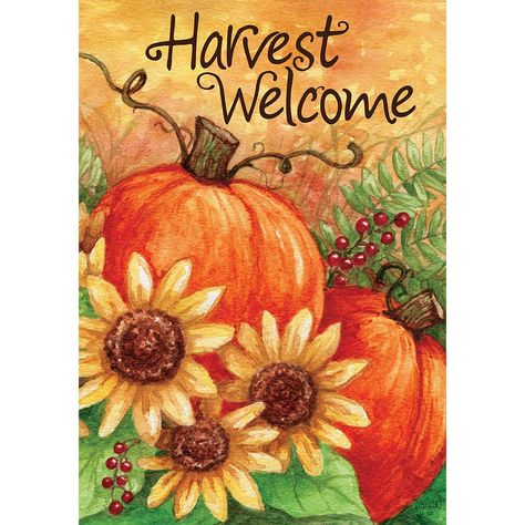 About the Design Features seasonal harvest setting of pumpkins and bright sunflowers. Reads text "Harvest Welcome". Design shows one or more of the following: Sunflowers, Pumpkins, Welcome About the Flag Custom Decor printed decorative flags have designs printed on high quality polyester fabric, using heat sublimation process that guarantees color precision and depth much more than traditional printing processes. Heat Sublimation printing provides accurate replication of details in art work. Cus Sunflower And Pumpkin Painting, Paintings Of Pumpkins Canvas, Pumpkins And Sunflowers Painting, Sunflowers And Pumpkins Wallpaper, Peace Poles, Pumpkin Sunflower, Pumpkin Harvest, Fall Pics, Daisy Painting