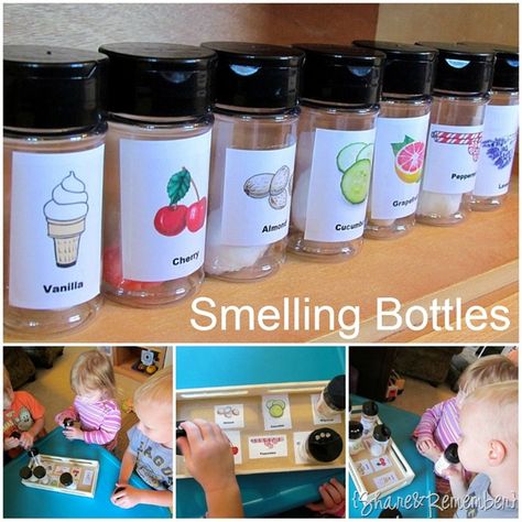 DIY smelling bottles made from spice containers with a cotton ball and a few drops of cooking extracts or essential oils. Senses Dramatic Play, Preschool Sensory Play, Homemade Games, Science Center Preschool, Homeschool Coop, 5 Senses Activities, Me Preschool Theme, Pre-k Science, Senses Preschool