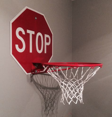 Stop sign basketball hoop. Boys room decor. Streetwear Aesthetic Room Decor, Stop Sign Decor, Basketball Hoop Room Decor, Street Aesthetic Room Decor, Non Fashion Grails Decor, Basketball Aesthetic Room Decor, Sporty Room Decor, Basketball Hoop In Room, Stop Sign Room Decor