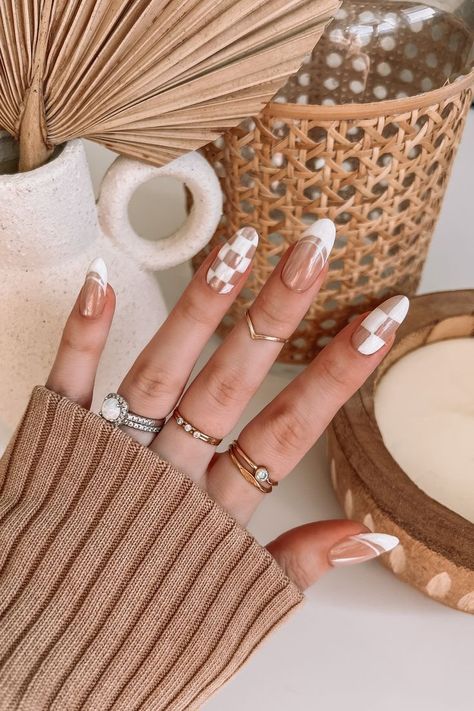 trendy spring 2023 nails - checkered glazed donut nails Neutral Nails White, White Nails French Tip, White Nails French, Nails Glazed Donut, Checkerboard Nails, Glazed Donut Nails, Donut Nails, Almond Shaped Nails, Checkered Nails