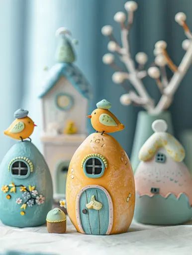 ↑↑↑ Larger size on website 🔸 Four miniature houses, painted in soft colors, stand on a white surface. Two houses are egg-shaped,  🔸 From Midjourney AI Image Gnome Houses, Sculpting Ideas, Painted Crafts, Birdhouse Ornaments, Clay House, Mushroom Crafts, Pottery Houses, Cerámica Ideas, Clay Stuff