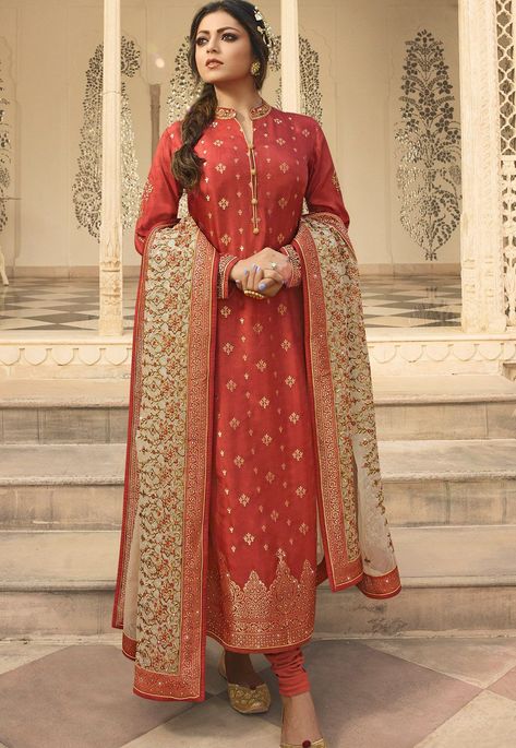 orange jacquard embroidered straight churidar suit 3707 Silk Suit Designs Indian, Banarsi Suit Design, Banarasi Suit Designs, Banarsi Suit, Wedding Salwar Suits, Orange Suit, Embroidered Suit, Churidar Suits, Indian Designer Suits