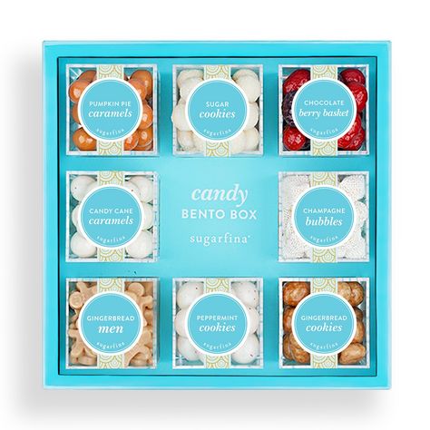 'Happy Holidays' 8pc Candy Bento Box from Sugarfina Macaron Store, Kraft Box Packaging, Bubble Candy, Chocolate Caramel Cookies, Sweet Packaging, Candy Lips, Celebration Design, Ring Bearer Gifts, Champagne Bubbles