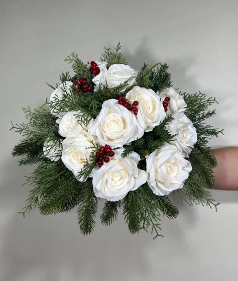 Wedding Christmas Bouquet Winter Bridal White Rustic Bridesmaids Bouqu – Lush Design Christmas Wedding Ideas Elegant, Mistletoe Wedding, Christmas Wedding Bouquet, Winter Wedding Flowers Bouquets, Christmas Wedding Flowers, Groom's Boutonniere, Bouquet Christmas, Rustic Bridesmaids, Flowers Winter