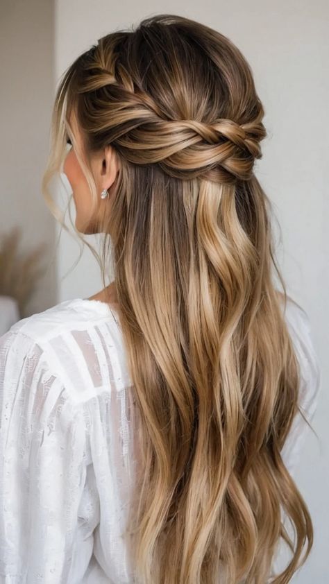 Discover 15 Stunning Half Up Half Down Wedding Hairstyles This Season - Fads Wedding Hair Half Up Half Down With Braid, Wedding Hair With Veil Medium Length, Loose Braided Half Up Half Down Hair, Wedding Simple Hairstyles For Long Hair, Half Up Bride Hair With Veil, Elegant Half Up Half Down Wedding Hair With Veil, Half Up Half Down Bridal Hair Shoulder Length, Bridal Hair No Extensions, Bride Hair Long