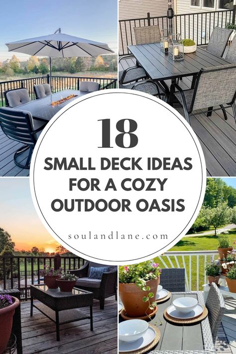 Maximize your small deck's potential with creative solutions that carve out a cozy nook for outdoor enjoyment. Incorporate built-in seating with storage underneath to save space and keep essentials handy. String lights or a small pendant lamp can add a magical glow at night. Use foldable or stackable furniture to easily adapt the space for different uses. Planters with herbs or flowers bring life and fragrance. Small Deck Built In Seating, Deck Furnishing Ideas, Small Deck Layout Ideas, Small Deck Seating Ideas, Small Deck Design Ideas, Deck Inspo Outdoor Spaces, Small Outdoor Deck Decorating, Tiny Deck Ideas, Narrow Deck Furniture Layout