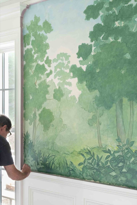 Mural Art Living Room, Mural Kitchen Wall, Hallway Mural Ideas Diy, Hand Painted Nursery Mural, Forest Mural Painting, Mural Painting Tips, House Murals Interiors, Nature Murals Painted, Cottagecore Mural