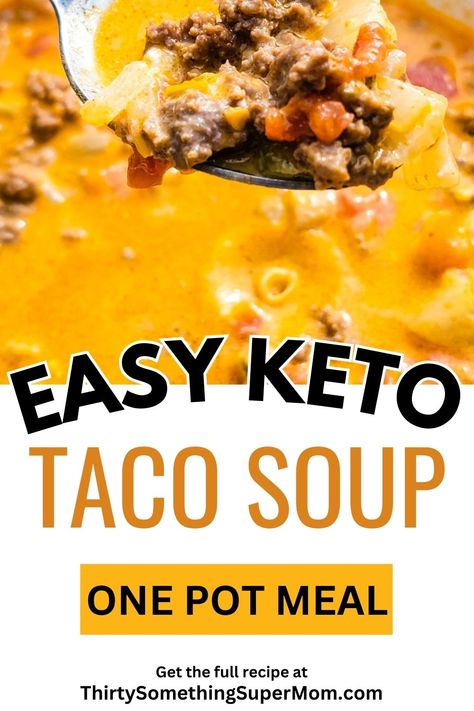 This keto taco soup recipe is easy to make in just one pan, perfect for a quick keto lunch or dinner that can be ready in under 20 minutes. Keto Cheesy Taco Soup, Keto Stews And Soups, Keto Hamburger Soup Recipes, Keto Taco Soup Ground Beef, Low Calorie Taco Soup, Keto Soups Recipes, Keto Soups Low Carb, Keto Tortilla Soup, Keto Taco Soup