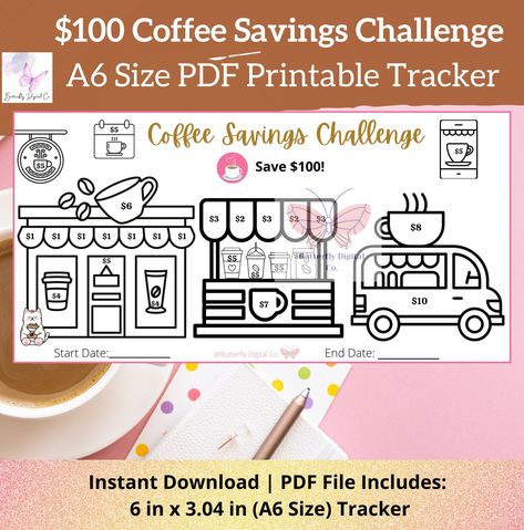 "This is the $100 Coffee Savings Challenge Tracker. There are various images on the tracker that have dollar amounts on them. Color in an image each time you save the indicated amount. These dollar amounts add up to $100 which will help you add this savings to a coffee fund or other savings goal! This is a low income savings challenge and great mini savings tracker for low income and beginner friendly budgeters. All listings are digital works, so there will be no waiting for delivery and no deli Defi Budget, Low Income Savings Challenge, Saving Coins, Savings Goal, Dave Ramsey Budgeting, Challenge Tracker, Budget Envelopes, Budget Sheets, Money Savings