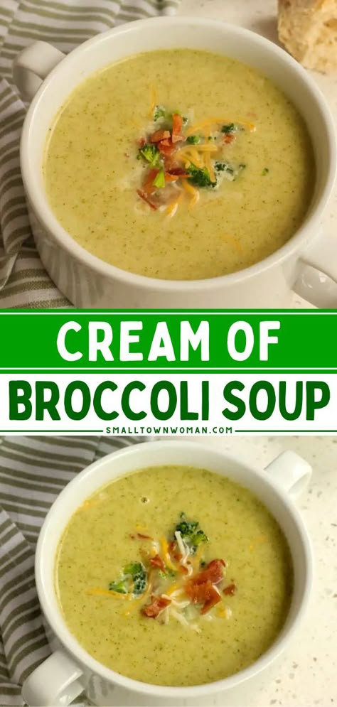 Learn how to make Cream of Broccoli Soup! It's an easy comfort food dinner. Not only is this simple soup recipe combined with potatoes, but it is also garnished with bacon and cheese! Keto Cream Of Broccoli Soup Recipe, Cream Broccoli Soup Recipe, Cream Of Broccoli Soup Recipe Easy, Broccoli Bacon Soup, Best Broccoli Soup, Broccoli Cream Soup, Soup Recipes Clean Eating, Healthy Broccoli Cheddar Soup, Cream Of Broccoli Soup Recipe