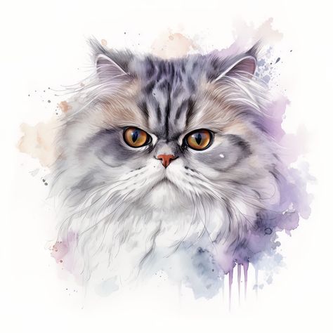 Persian Cat Painting, Persian Cat Drawing, Persian Cat Art, Cat Digital Art, Watercolor Cats, Kitten Drawing, Cat Digital, Persian Cats, Vintage Cats