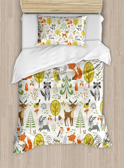 Amazon.com: Kids Duvet Cover Set by Ambesonne, Woodland Forest Animals Trees Birds Owls Fox Bunny Deer Raccoon Mushroom Home and, 2 Piece Bedding Set with 1 Pillow Sham, Twin / Twin XL Size: Bedding & Bath Traditional Duvet Covers, Woodland Forest Animals, Kids Duvet, Queen Size Duvet Covers, Kids Duvet Cover, Woodland Forest, Duvet Covers Twin, Duvet Bedding, Twin Duvet