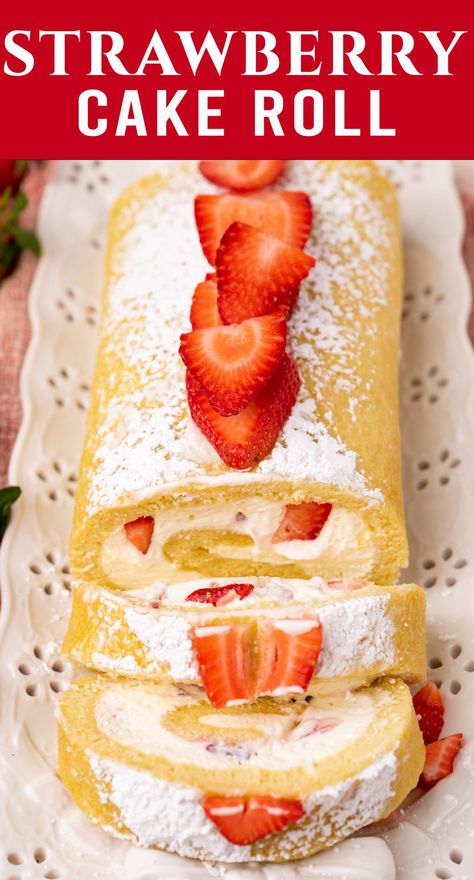 Fresh and light, this strawberries & cream cake roll makes a beautiful presentation to your spring or summer party. Lightly sweet with a soft, yellow sponge cake. via @thebestcakerecipes Strawberry Jam Roll Cake, Yellow Sponge Cake, Strawberry Roll Cake Recipe, Strawberry Sushi Roll Recipe, Spring Roll Cake, Strawberry Shortcake Roll Cake, Strawberry Cake Roll Recipe, Strawberry Cake Roll, Sponge Cake Recipe