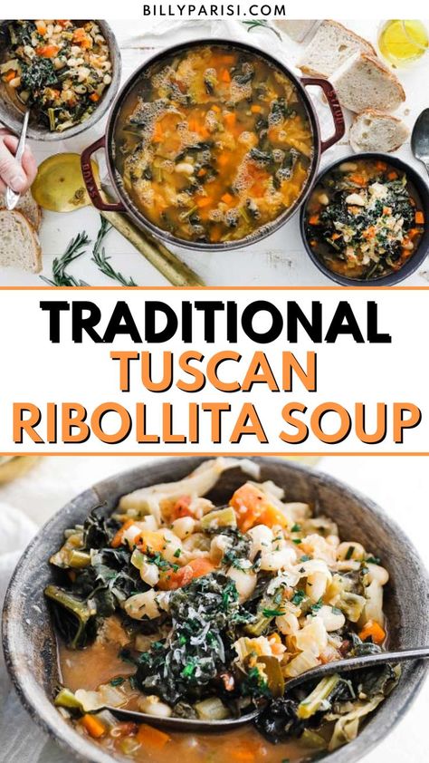 This easy ribollita soup is packed with hearty greens, veggies, and beans, and served with crusty rustic bread. This soup is easily customizable to use ingredients you have on hand or food you need to use up in your fridge. A classic Italian dish, this cozy soup is the perfect comfort food to enjoy on chilly days and nights. Ribollita Soup, Rustic Soup, Greens Vegetables, Italian Potatoes, Billy Parisi, Cozy Soup, Winter Soup, Leftover Bread, Rustic Bread