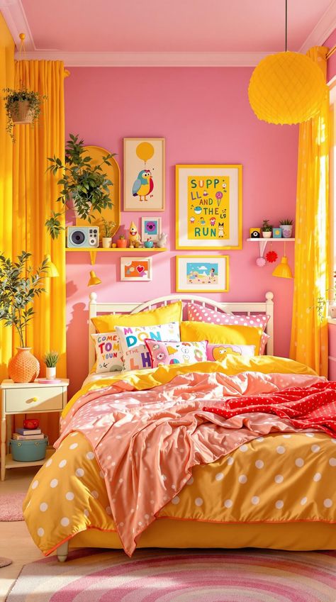 Pink Bedroom Ideas Calming Pink Bedroom, Pink And Red Kids Room, Maximalist Decor Bedroom Pink, Funky Pink Bedroom, Girls Colourful Bedroom, Eclectic Teen Room, Yellow And Pink Girls Bedroom, Yellow And Pink Room Ideas, Calm Colourful Bedroom