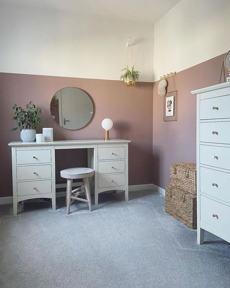 Interior with paint color Farrow and Ball Sulking Room Pink 294 Pink Half Wall Bedroom, Dressing Room Paint Colors, Dusky Pink Dressing Room, Light Mauve Bedroom, Dressing Room Colour Scheme, Old Rose Bedroom, Dusted Fondant Bedroom, Mauve Girls Bedroom, Dusty Rose Room