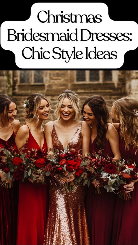 A group of bridesmaids in chic Christmas dresses featuring deep red and metallic tones, showcasing cozy fabrics and flattering silhouettes for a stylish winter wedding. Winter Red Wedding Theme, Winter Bridesmaid Dress Colors, Wedding Christmas Ideas, Christmas Eve Wedding Ideas, Christmas Wedding Party Attire, Christmas Wedding Attire, Christmas Bridesmaid Dresses, Right Dresses, Christmas Bridal Party