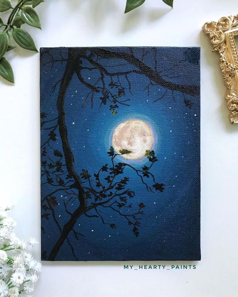 Anju | gouache,acrylics on Instagram: “Moon light night🌝✨😍 DM to buy @flashpaints_official acrylics on @anupam art canvas board Reference: @pinterestindia @persephonay…” Night Time Painting Ideas, Night Light Painting, Moon Gouache Painting, Gouache Painting On Canvas, Canvas Painting Ideas Moon, How To Paint The Moon, Painting Ideas Night Sky, Painting Ideas On Canvas Moon, Moon Scenery Painting