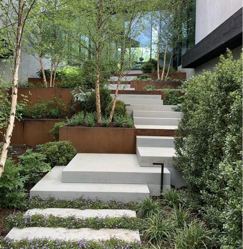 Steel Retaining Wall, Contemporary Landscape Design, Retaining Wall Design, Landscape Designers, Australian Landscape, Modern Landscape Design, Garden Steps, Modern Garden Design, Concrete Steps