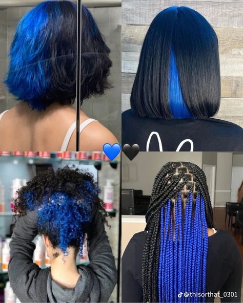 Natural Dyed Hair Ideas, Blue Skunk Stripe Hair, Hair Color Combos, Black And Blue Hair, Blue Curly Hair, Blue Natural Hair, Elegant Eclectic, Hair Styles Curly Hair, Styles Curly Hair