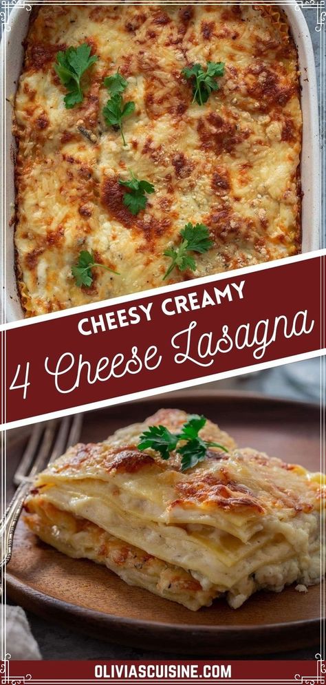 This Four Cheese Lasagna is a cheese lovers dream come true! Who can resist the sight of an ooey gooey cheese lasagna coming right out of the oven? Made with four different kinds of cheese and a creamy béchamel sauce, this is the ultimate comfort food recipe! Cheese Lasagna Recipe No Meat, Lasagna Recipe No Meat, No Meat Lasagna, Four Cheese Lasagna, Italian One Pot, Cheese Lasagna Recipe, Family Friendly Dinner Recipes, 30 Minute Recipes, Béchamel Sauce