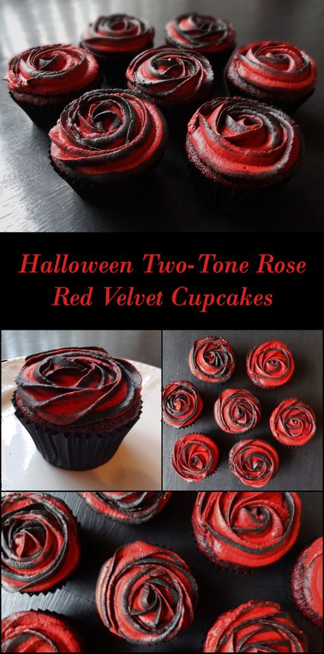 RECIPE: Two-Tone Rose Red Velvet Cupcakes. Red velvet cake has a mild chocolate flavour which comes from adding a small amount of cocoa powder to the batter. Halloween Frightening French Fête Parisienne Party Theme Decorating & Food Ideas Sweeney Todd Themed Food, Phantom Of The Opera Food Ideas, Red Velvet Cupcakes Halloween, Spooky Cupcakes Scary Halloween, Gothic Baked Goods, Horror Cupcakes Ideas, Horror Themed Cupcakes, Red Velvet Cake Halloween, Adams Family Cupcakes