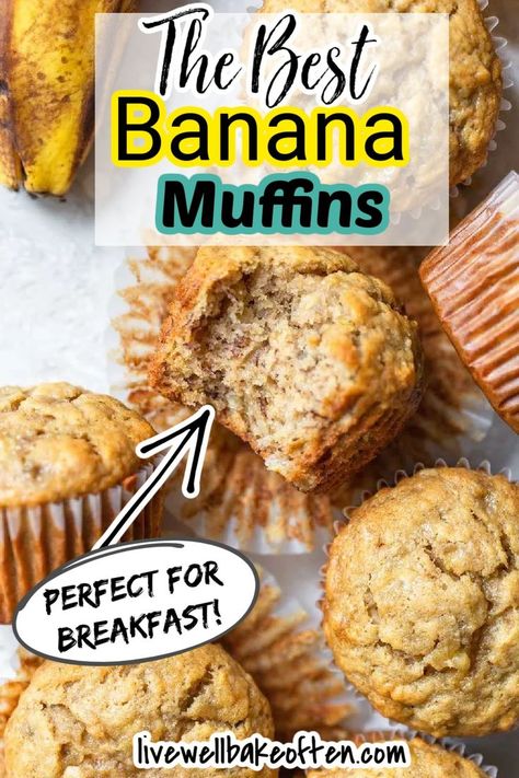 banana muffins Banana Muffins With Pancake Batter, Bannan Bread Muffins Recipes, Best Ever Banana Muffins, Overripe Banana Recipes, Best Banana Muffins, Best Banana Muffin Recipe, Live Well Bake Often, Apple Muffin, Banana Recipes Overripe